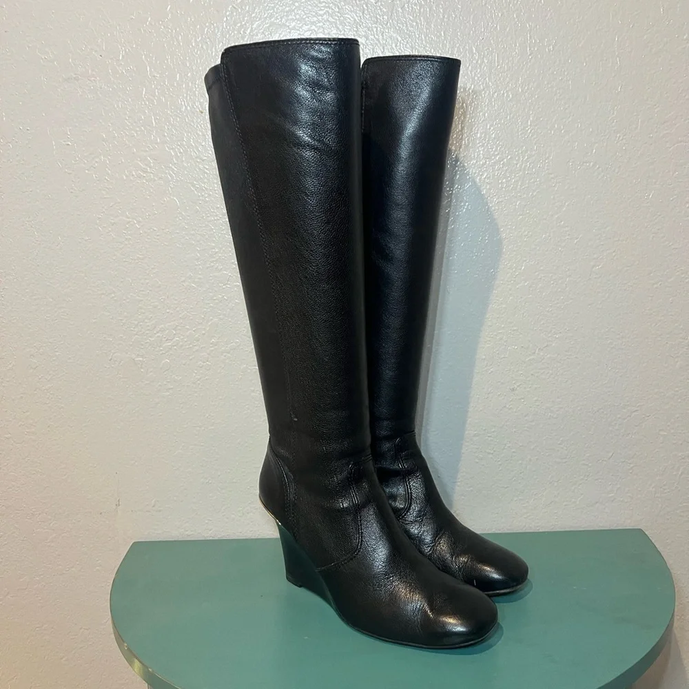 Tory Burch Black Over the Knee Boots with Gold Detail